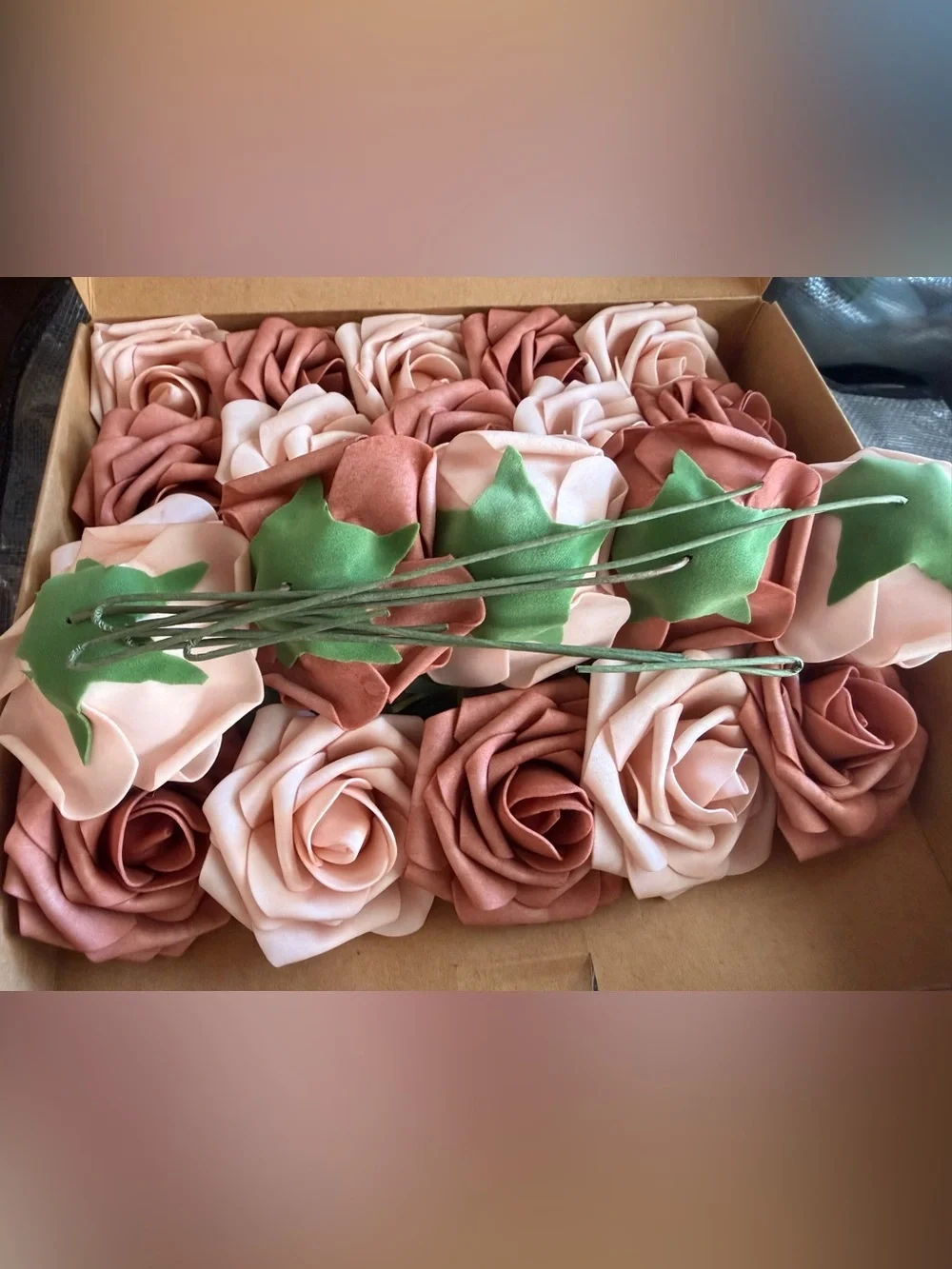 25 each Blush and Rose Gold Artificial Roses New in Box Fancy Elegant Flowers